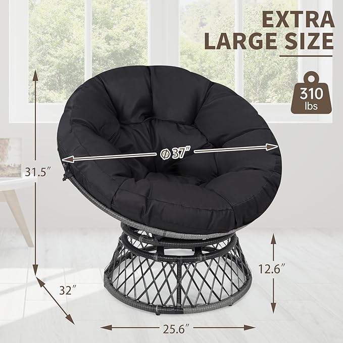 40" Ergonomic Wicker Papasan Chair, 360° Swivel Indoor Outdoor Rattan Chair with Soft Thick Cushion, Ideal for Living Room, Bedroom, Reading Room, Grey Frame with Black Cushion
