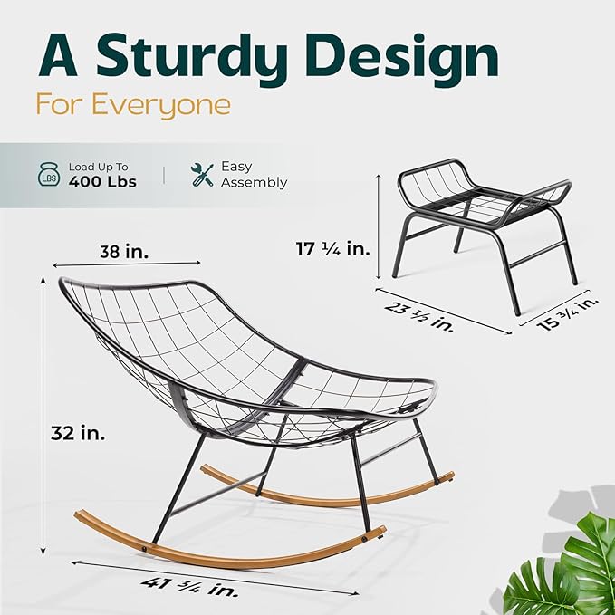 Bme Patio Rocking Chair Outdoor & Indoor with Ottoman, Metal Patio Lounge Rocking Chair with Thick Cushion, Comfy Modern Rocker Chair, Beige Cushion - Wood Texture Rocker