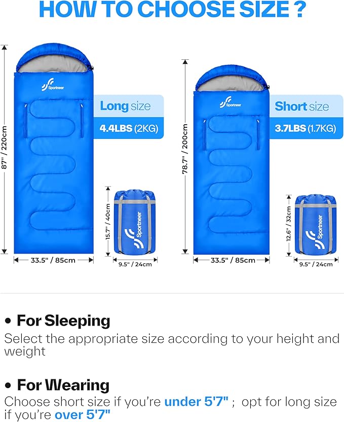 Sportneer 0 Degree Wearable Sleeping Bag for Adults & Kids – Walkable with Arm Zippers, Waterproof & Warm, Compact for Camping, Stadiums, Travel, Backpacking & Car Use