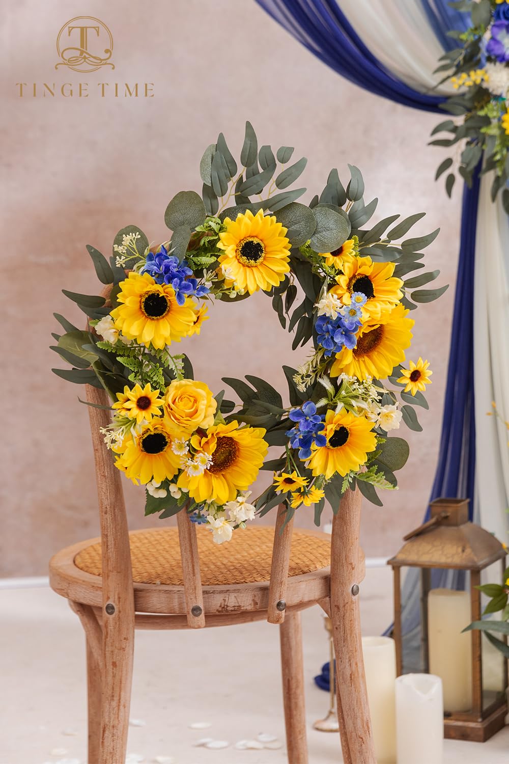 TINGE TIME Aritificial Flowers Candle Rings, 1 Pcs 15inch Diam Sunflower & Royal Blue Fake Rose Wreath Wedding Centerpieces for Tables Summer Garland for Front Door Weddings Party Ceremony Decor