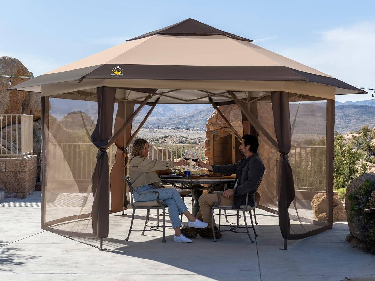 CROWN SHADES 13x13 Pop up Gazebo with Mosquito Nettings, Patented Center Lock 6-Sided Portable Gazebo, 300D Silver-Coated Fabric UV Resistant, Pop Up Canopy Tent for Patio, Party, Beige&Coffee