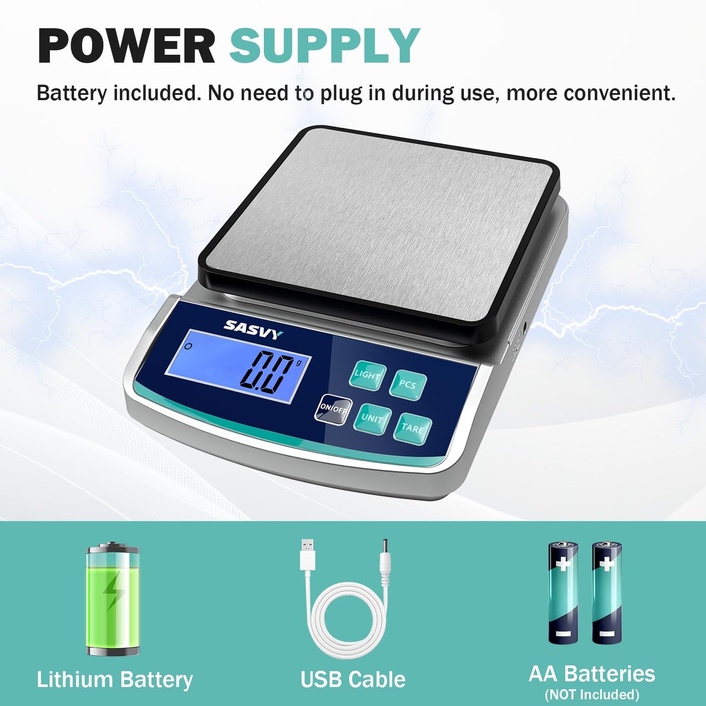 SASVY Digital Lab Scale 5000g x 0.1g oz/lb/g/kg Precision Electronic Scientific Scale Analytical Balance for Laboratory Jewelry Kitchen Includes Rechargeable Battery