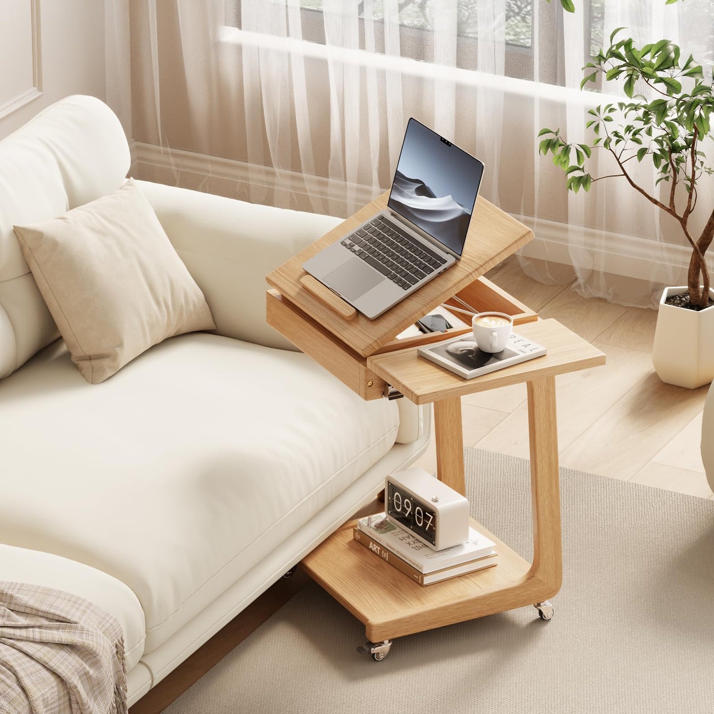 Solid Wood C Shaped End Table for Couch,Rolling C Table with Wheels,Small Side Table with Adjustable Desktop,Couch Desk with Storage,Rolling Tv Tray with Folding Shelf,Modern Bedside Table(Natural)