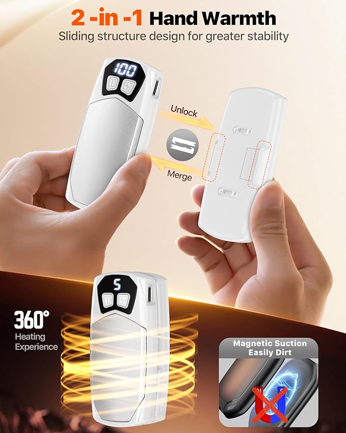 Kesguar Hand Warmers Rechargeable 2 Pack - 6000mAh Electric AI Handwarmers, LED Display & 5-Level Heating, 20Hrs Long Lasting, 2-in-1 Portable Heater, Gifts for Men/Women/Golf/Hunting