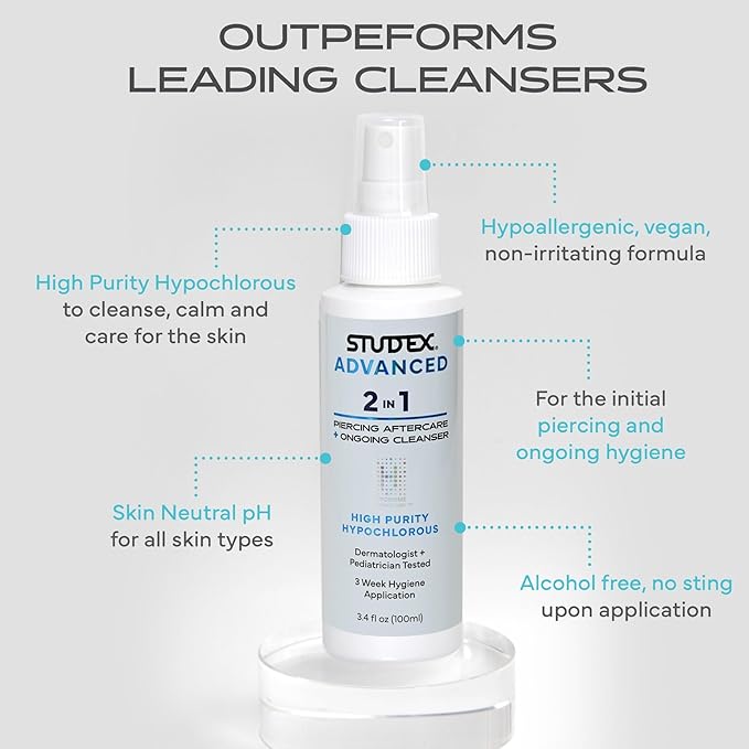 Studex Advanced 2-in-1 Piercing Aftercare & Cleanser – Hypochlorous Spray for Body and Ear Piercing, Hypoallergenic Formula for Sensitive Skin (Pack of 2)
