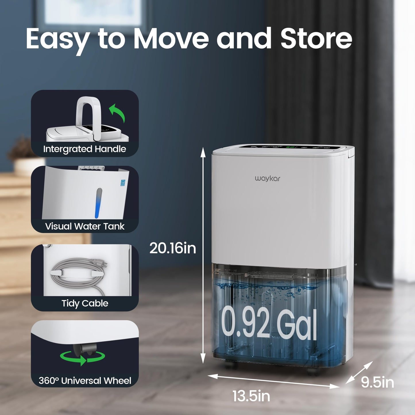 Waykar Max 80 Pint/D(Standard 62Pint/D) Energy Star Home Dehumidifier for Spaces up to 5,000 Sq. Ft, Ideal for Basement, Bathroom and Large Room with Drain Hose, Portable, Auto Defrost and Self-Drying