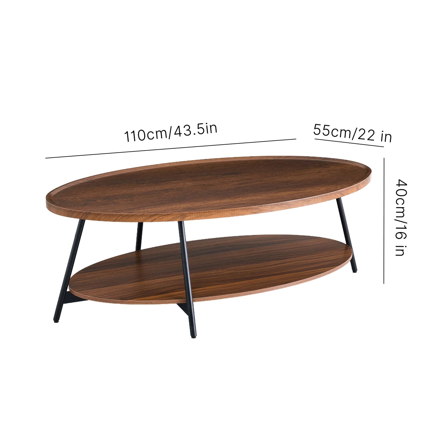 AGV Oval Coffee Table with Shelf Storage, 2-Tier Walnut Wood Finish Center Table for Living Room, Modern Asymmetrical Metal Legs, Raised Edge Sofa Table