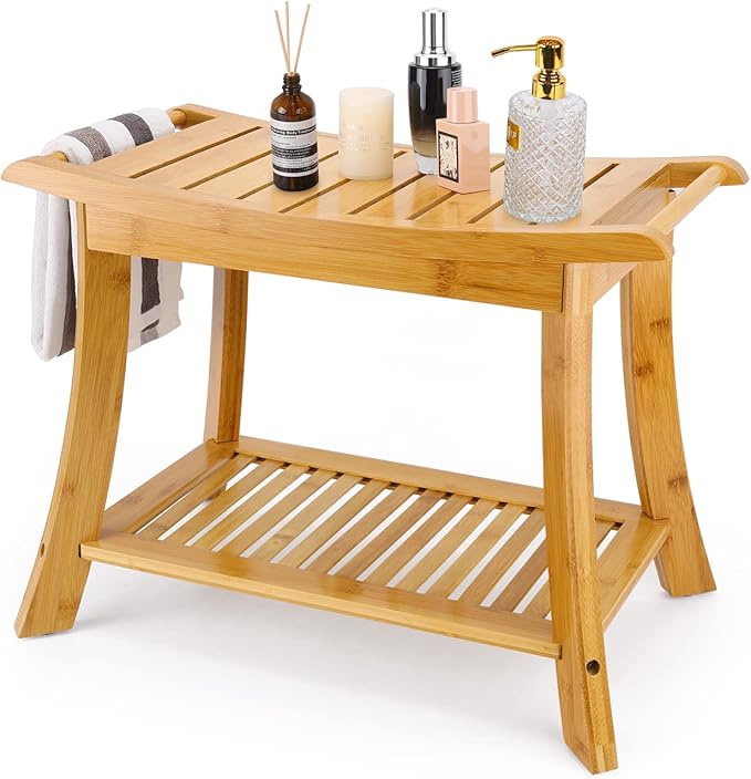 VVW Bamboo Shower Bench & Stool with Storage Shelf, Bath Benches for Inside Shower, Bathroom Stools 2-Tier Spa Seat for Adults Elderly (Beige)