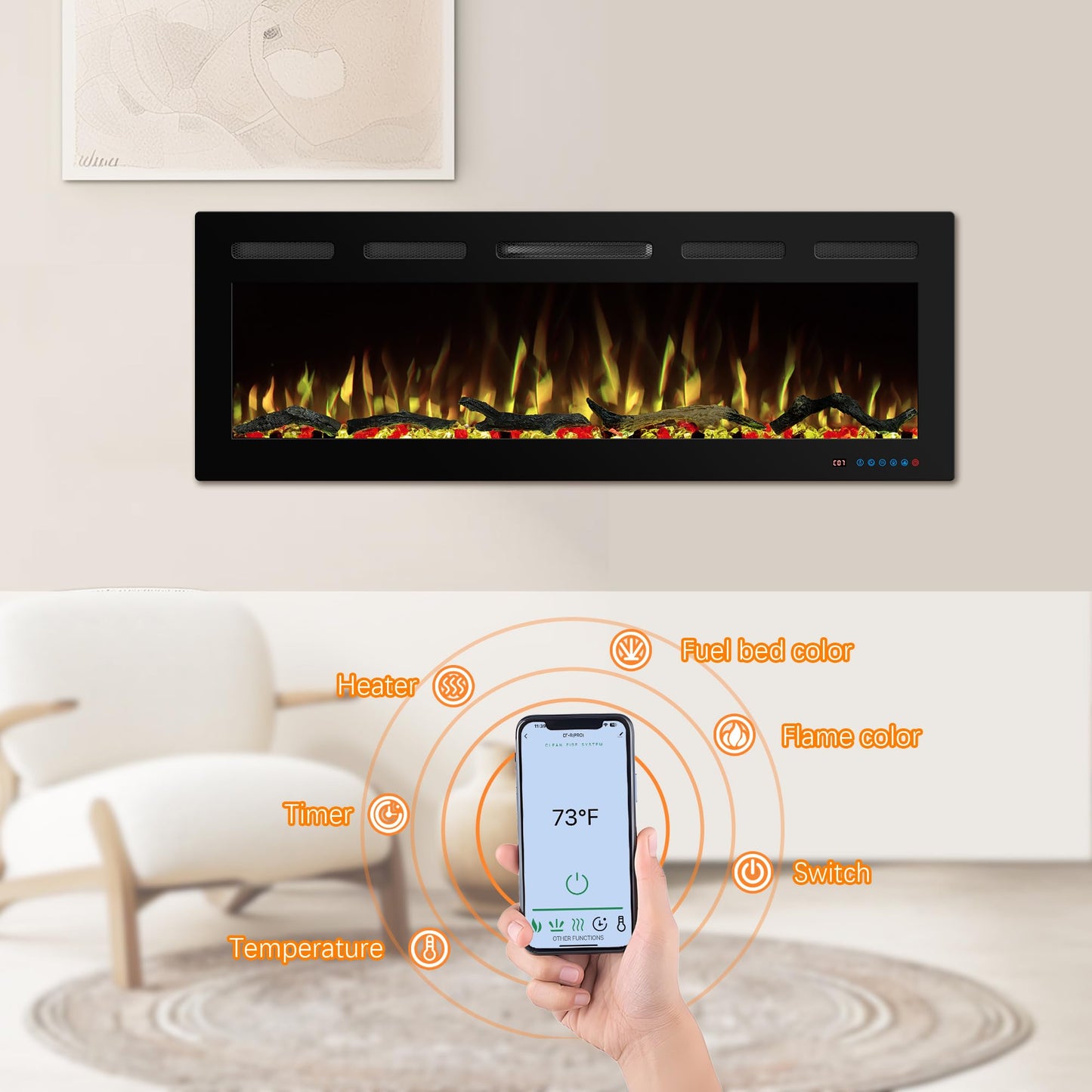 Kentsky 45" WiFi Electric Fireplace Inserts, Recessed and Wall Mounted Fireplace Heater W/Adjustable Flame Color & Brightness, Thermostat, 9H Timer, App and Remote Control, 750/1500W