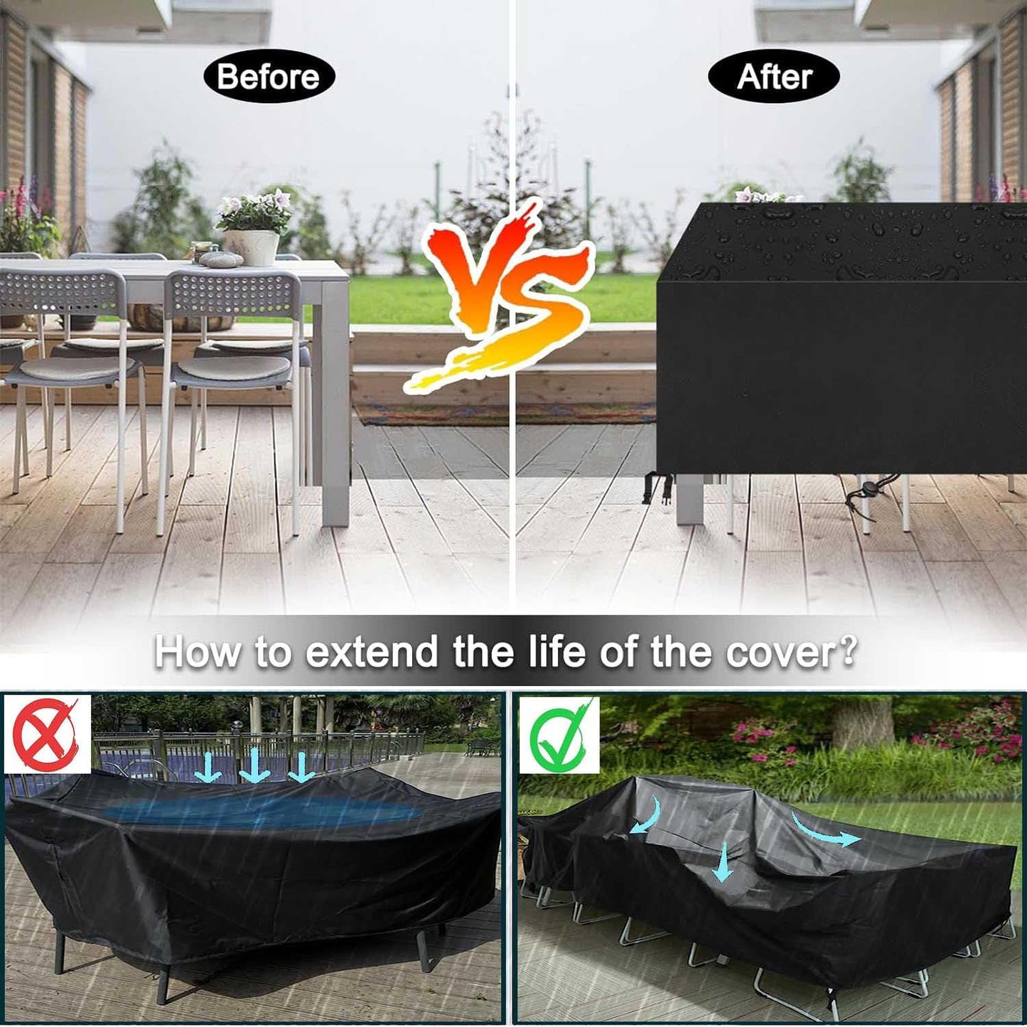 Patio Furniture Covers Outdoor Table Cover Waterproof Rectangular 420D Garden Dining Table Cover Wind Dust Proof Anti-UV Patio Sectional Couch Cover Table and Chair Set Covers 74"Lx47"Wx28"H Black