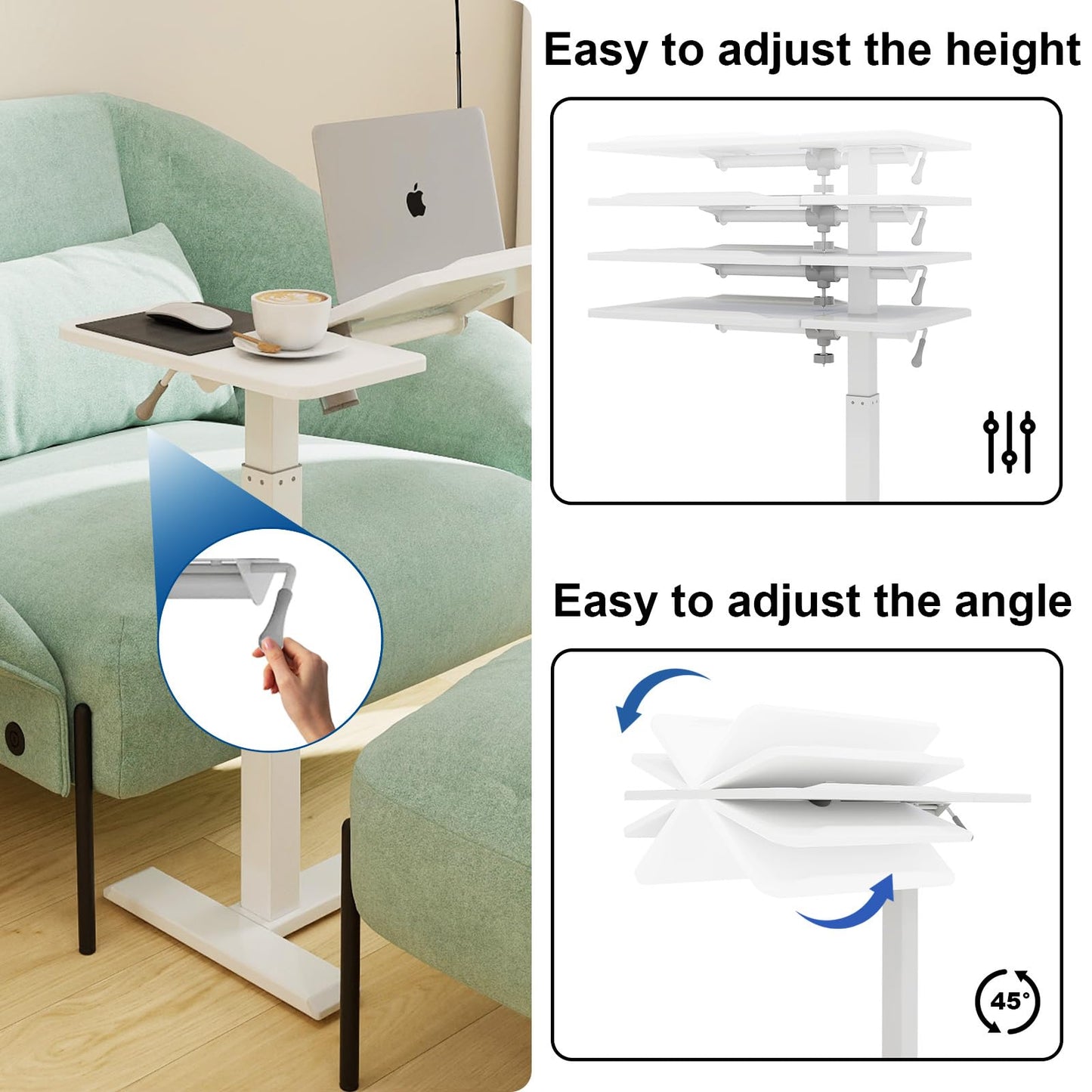 PUNCIA Adjustable Pneumatic Overbed Table with Wheels Split Top Tilting Bedside Bed Table with Tray Rolling Laptop Computer Standing Desk Cart Height 27"-40"