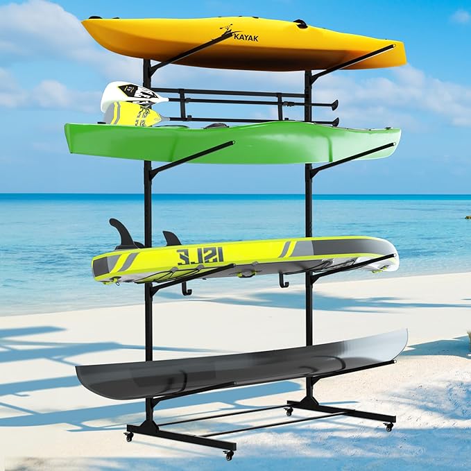 RELIANCER Freestanding Kayak Storage Rack w/Wheel,Adjustable Kayak Stand for Boat Dock,Garage,Indoor & Outdoor Canoe and K...