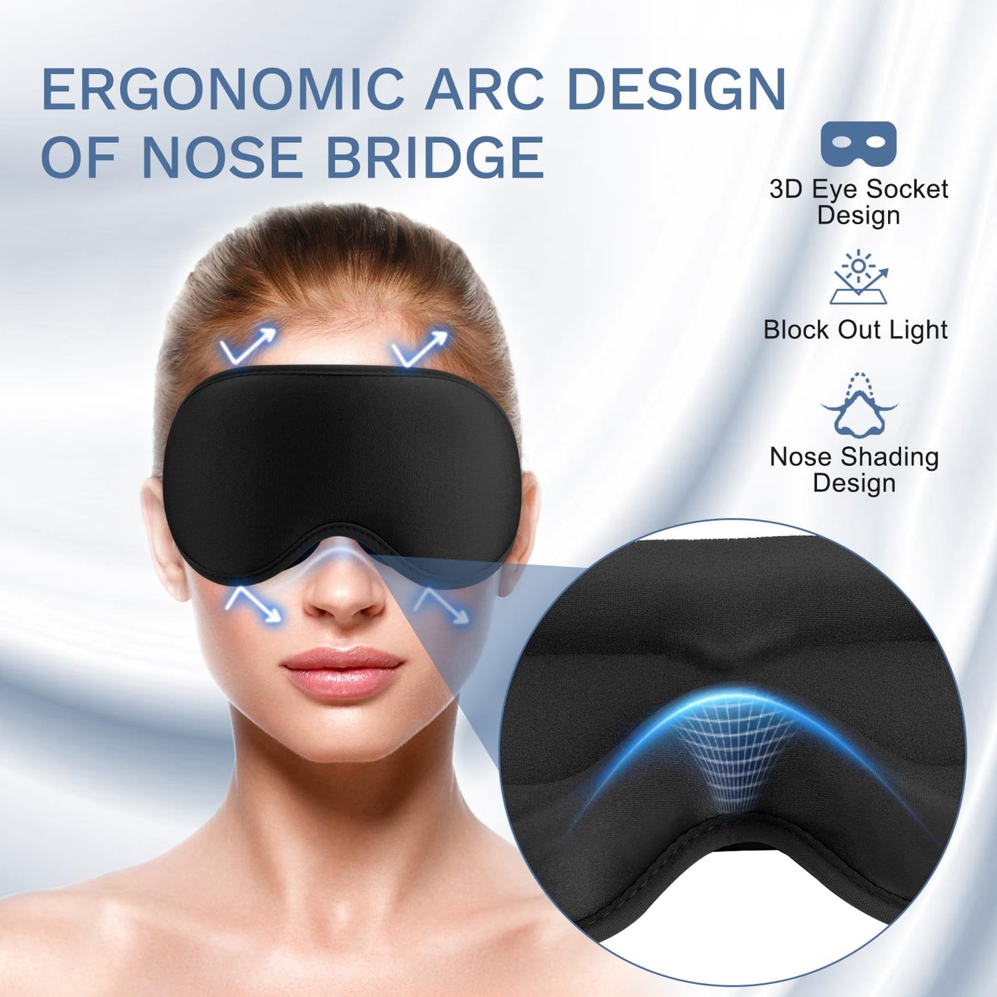 FlyCoco 99% Fully Block Out Light Eye Sleep Mask, 3D Deep Contoured Eyes Cover Zero Pressure, Long Lash Extension Eyes Mask with Adjustable Straps for Sleeping Travel Home Nap Rest Women Men (Black)
