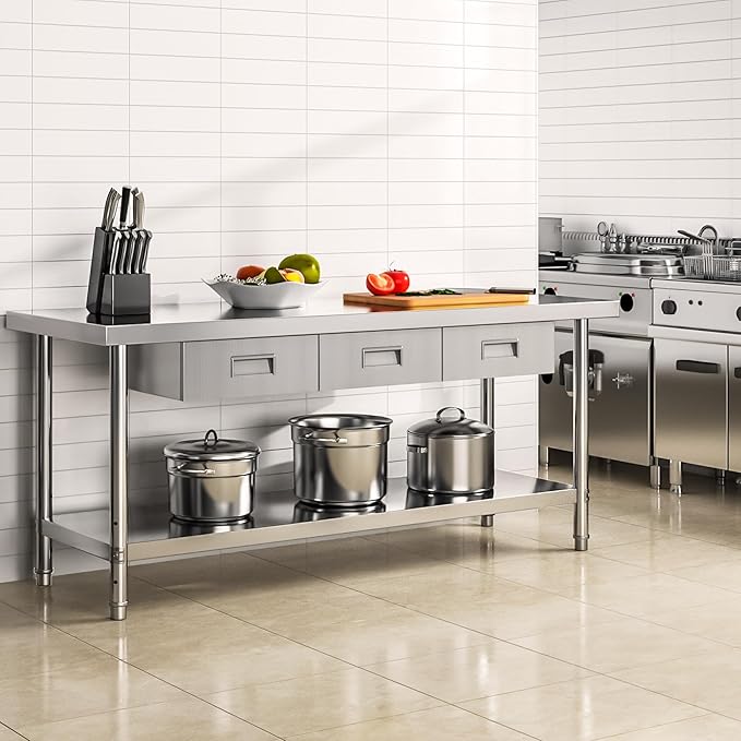 YITAHOME 72" X 24" Stainless Steel Table with 3 Drawers, NSF Work Table with Drawer, Metal Table Prep Table for Home Kitchen Restaurant Garage Warehouse