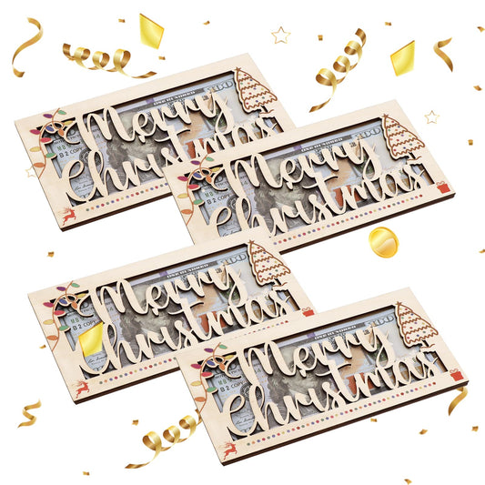 4 PCS Christmas Unique Money Holder Xmas Cash Holder, Fun Ways to Give Money as a Gift, Wooden Cash Envelope Money Wallet Christmas Money Gift DIY Money Clip Christmas Party Gift