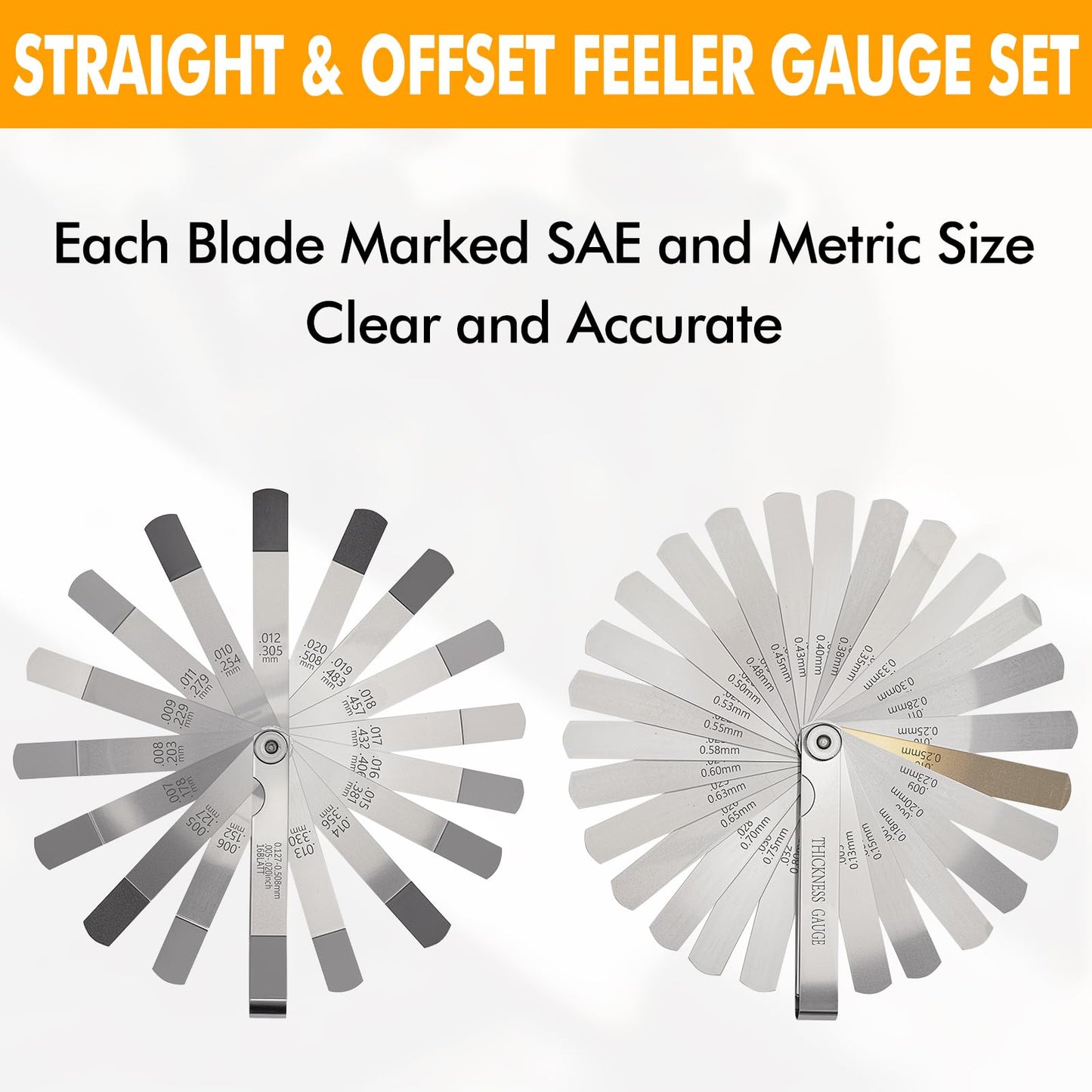 Maclia 2PCS Feeler Gauges Set - Stainless Steel Feeler Gauges for Valves, Standard SAE/Metric Spark Plug Gap Tool, Straight & Angled Thickness Measuring Tool for Valves, Spark Plug, Guitar, Piston