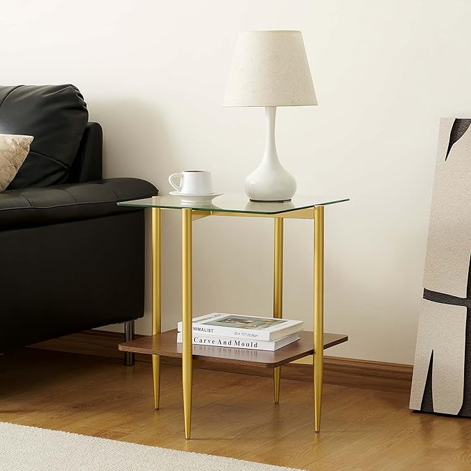 Pine Flicker Square Glass End Table, Mid-Century Modern Sofa Table, L20*W20*H23 inch for Living Room, 2-Tier Structure, Clear Glass Top and Walnut MDF Shelf, Sleek Conical Metal Legs with Gold Finish
