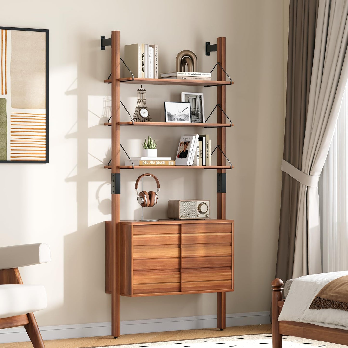 JOINICE, Ladder Bookshelf with Storage Cabinet, Mid Century Modern Bookcase, Wall Mounted Bookshelf with Wood and Metal Frame, 6 Tier Open Display Rack for Living Room, Bedroom, Home Office, Cherry
