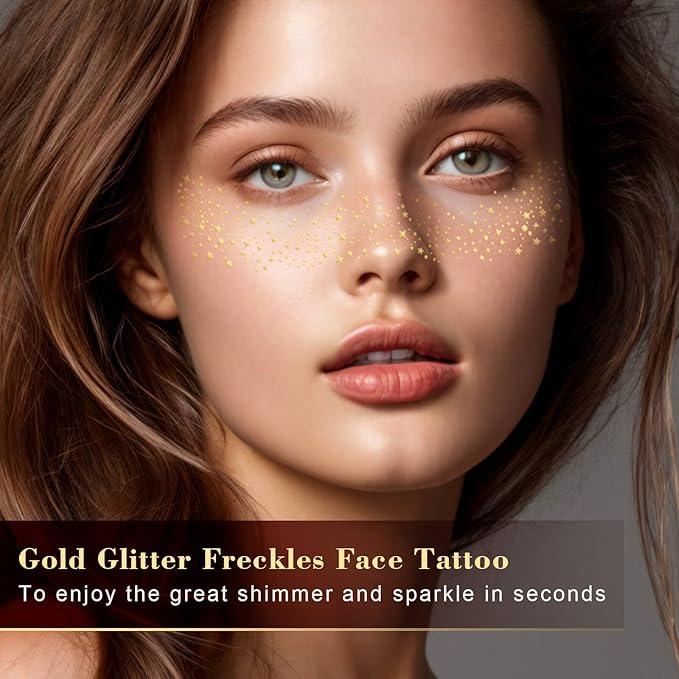 MEICOLY Gold Glitter Freckles Face Tattoo,St Patricks Day Face Glitter,Sparkle Freckles for Women Kids,Sparkle Makeup Patches,6Pcs