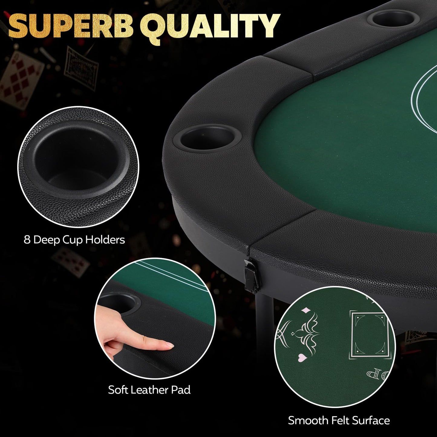 FAHKNS 72" Portable Poker Table, Folding Poker Table, 8 Player Texas Holdem Blackjack Table with 8 Cup Holders, Padded Surface for Casinos & Home