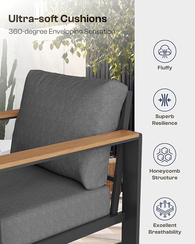 Oasbira Aluminum Outdoor Sofa Bistro Set, 3 Piece Outdoor Patio Furniture Set with Washable Thick Cushion, Patio Sectional Furniture Set for Porch, Balcony, Deck, Yard, Graphite