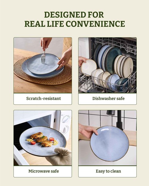 Famiware Dinnerware Sets for 4, Ocean Round 12-Piece Kitchen Plates and Bowls Sets, Reactive Glaze, Microwave and Dishwasher Safe, Scratch Resistant, Blue