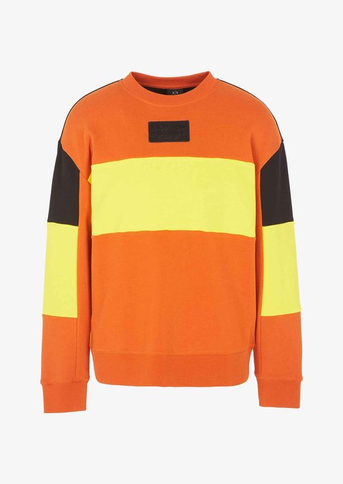 Armani Exchange Men's Cotton French Terry Colorblock Pullover Sweatshirt, Ember Orange, Small