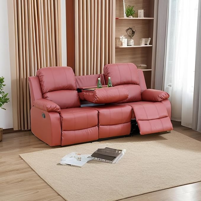 A Ainehome Living Room Furniture Set Leather Recliner Sofa Set Loveseat Chair Furniture Sofa Set for Living Room/Small Space/Rv/House/Office/Theater Seating (A-Red Leather, Sofa(3seater))