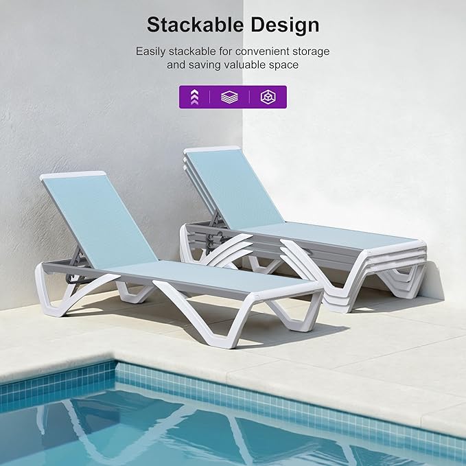 PURPLE LEAF Patio Chaise Lounge Chair Set Outside Aluminum Plastic Stackable Tanning Chairs with Side Table for Pool Sunbathing Beach Deck Outdoor Lounger, Light Blue