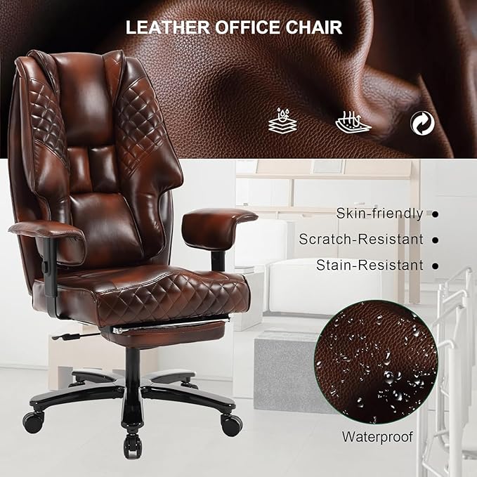 500lb Office Chair, Big and Tall Reclining Office Chair with Footrest, Leather Executive Computer Chair with Wide Seat Recliner Home Desk Chairs with Wheels & Lumbar Support for Heavy People,Brown