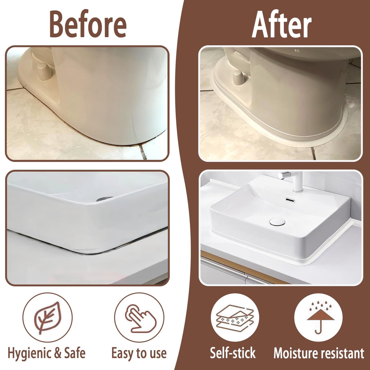 Caulk Tape, Toilet Caulk Strip Waterproof, Traditional Caulking Replacement, Caulking Sealant Tape for Kitchen, Sink, Bathroom, Countertop, Shower, Bathtub Edge Protector (1.5" x 10.5Ft)