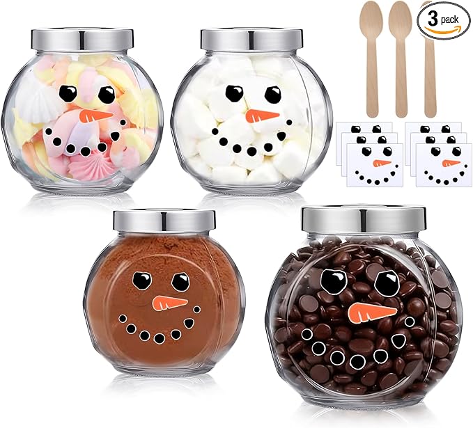 Bokon 3 Sets 16.2 oz Christmas Glass Jars with Lids Hot Chocolate Hot Cocoa Bar Supplies Snowman DIY Candy Jars Wooden Spo...