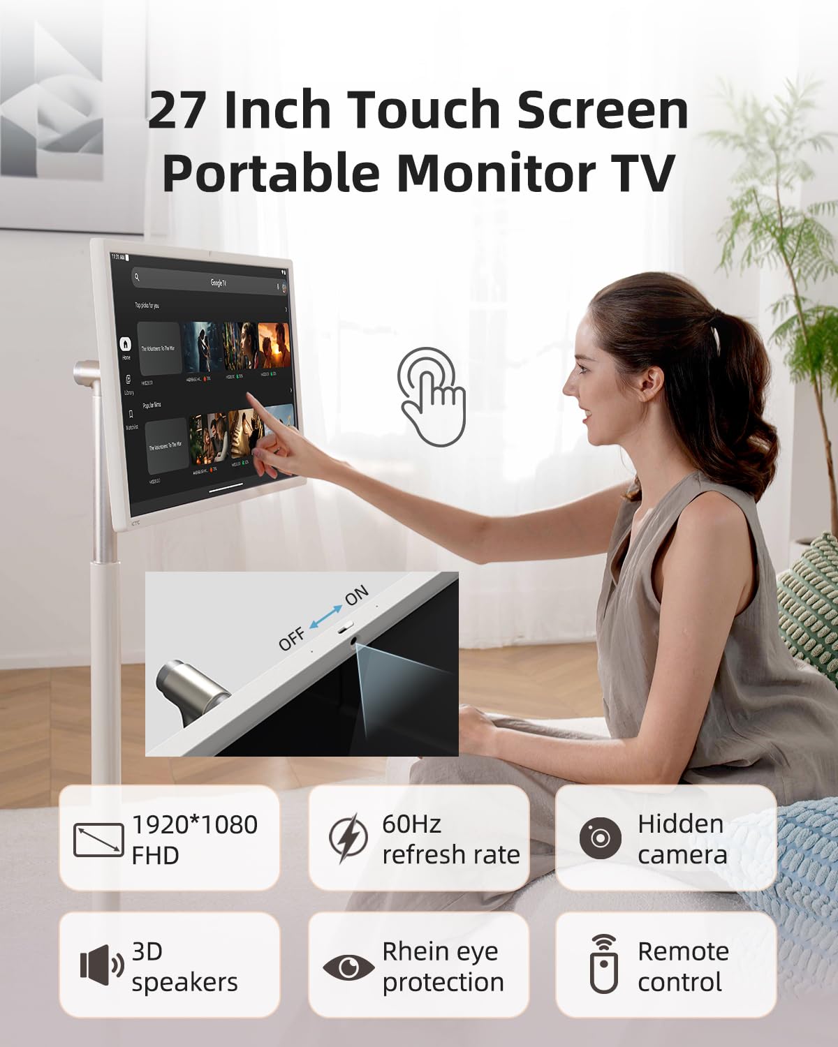 Ktc 27-Inch Portable Tv -1080P Touch Screen Monitor On Wheels With 8Mp Camera, Google Edla Certified, Android 14, Qualcomm 8G Ra