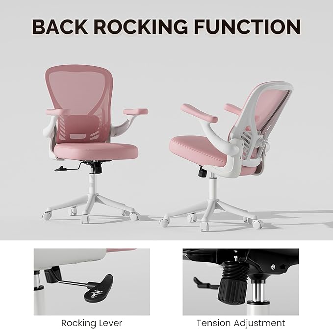 Ollega Computer Desk Chair with Wheels, Mesh Office Chair with Flip Up Arms, Adjustable Lumbar Support, Swivel Desk Chair Comfy, Pink