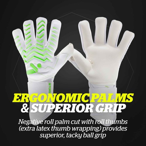 Storelli Electric Goalkeeper Gloves, High-Impact Hand Protection with 5 Removable Finger Spines, German Contact Latex, Wrist Strap, Extended Cuff, Youth & Adults, Unisex, 1 Pair, White Charge, Size 7