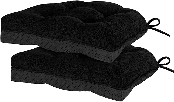 HARBOREST Chair Cushions for Dining Chairs Set of 2 - Chenille Tufted Kitchen Chair Cushions with Ties and Non-Slip Bottom, Foam Chair Pads for Dining Chairs, 17" x 17", Black