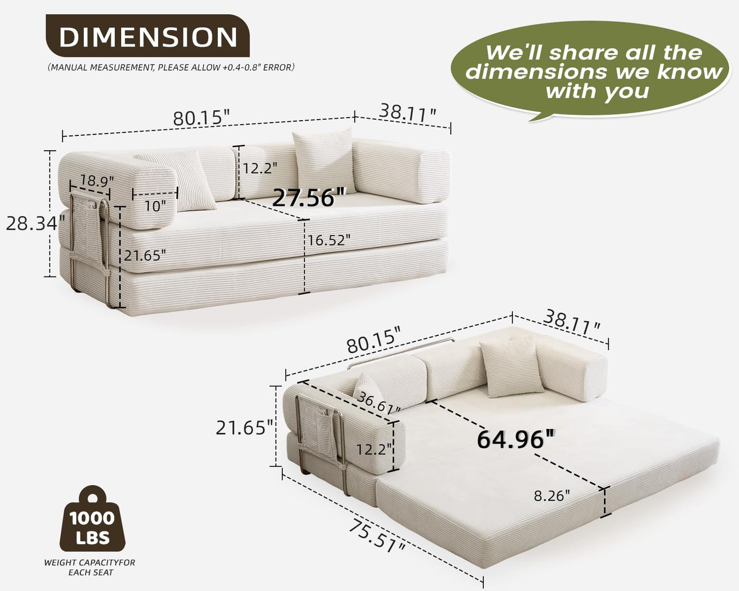 GEARIVY Folding Sofa Bed Convertable Corduroy Couch King Size Floor Sleeper 4-in-1 DIY Combination Modular Sofa Fold Out Futon Lounge Comfy Foldable Lazy cama for Living Room (Beige, 80.15'')