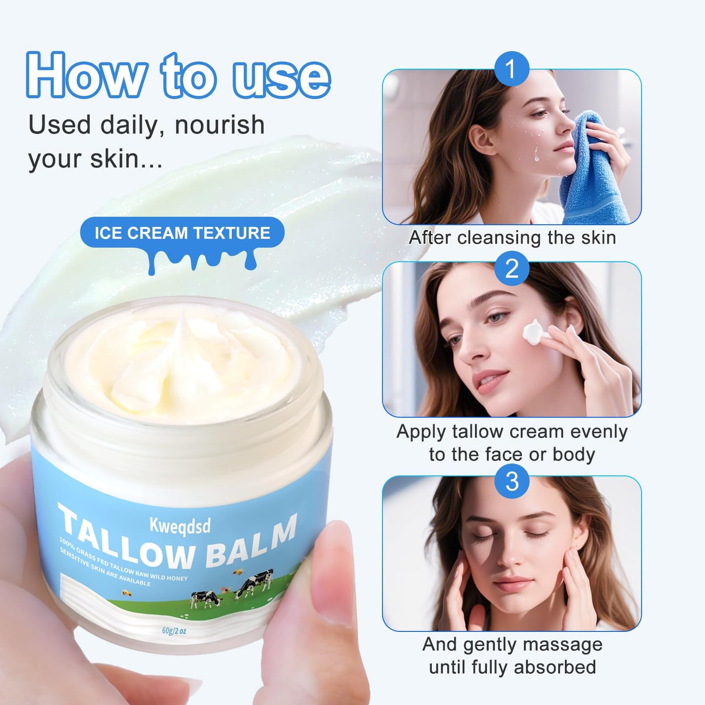 Kweqdsd 5 Pack Organic Grass-Fed Beef Tallow Balm with Raw Honey, Grass Fed Beef Tallow Face Moisturizer, Natural Tallow Skin Ca