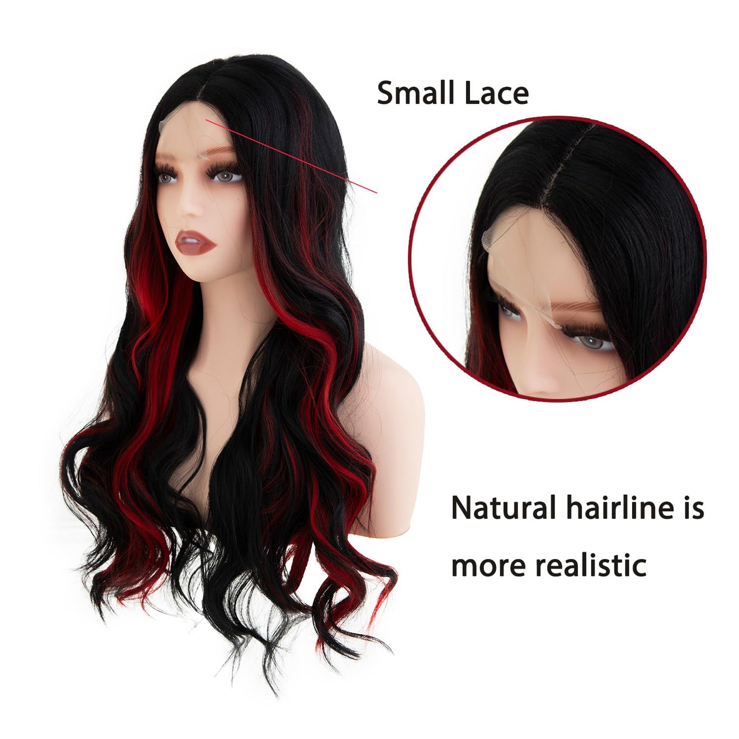 Sallcks Long Ombre Black Red Lace Wigs for Women 27.5 inch Long Wavy Middle Part Red Highlight Cosplay Costume Halloween Wig