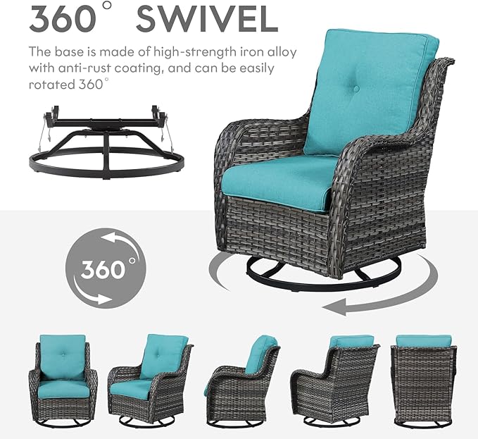 Belord Outdoor Swivel Rocker Wicker Chairs Set of 3, High Back Swivel Patio Chairs Wicker Furniture Set, 2 PCS Rattan Swivel Rocking Chair with Side Table, Turquoise