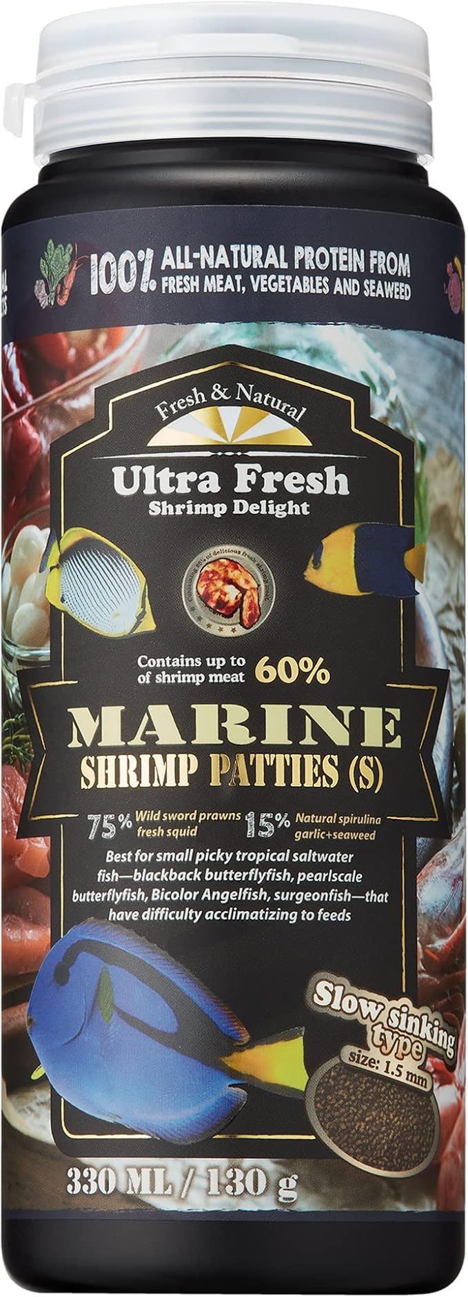 Ultra Fresh Marine Fish Food, 75% Sword Prawns + Squids, Natural Protein, Color Enhancement, for Small Saltwater Fish, Mar...
