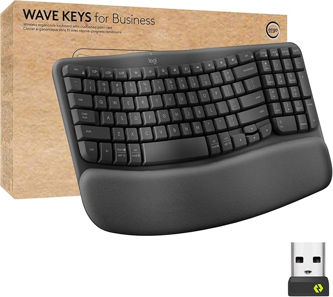 Logitech Wave Keys for Business, Wireless Ergonomic Keyboard with Cushioned Palm Rest, Secure Logi Bolt Technology, Blueto...