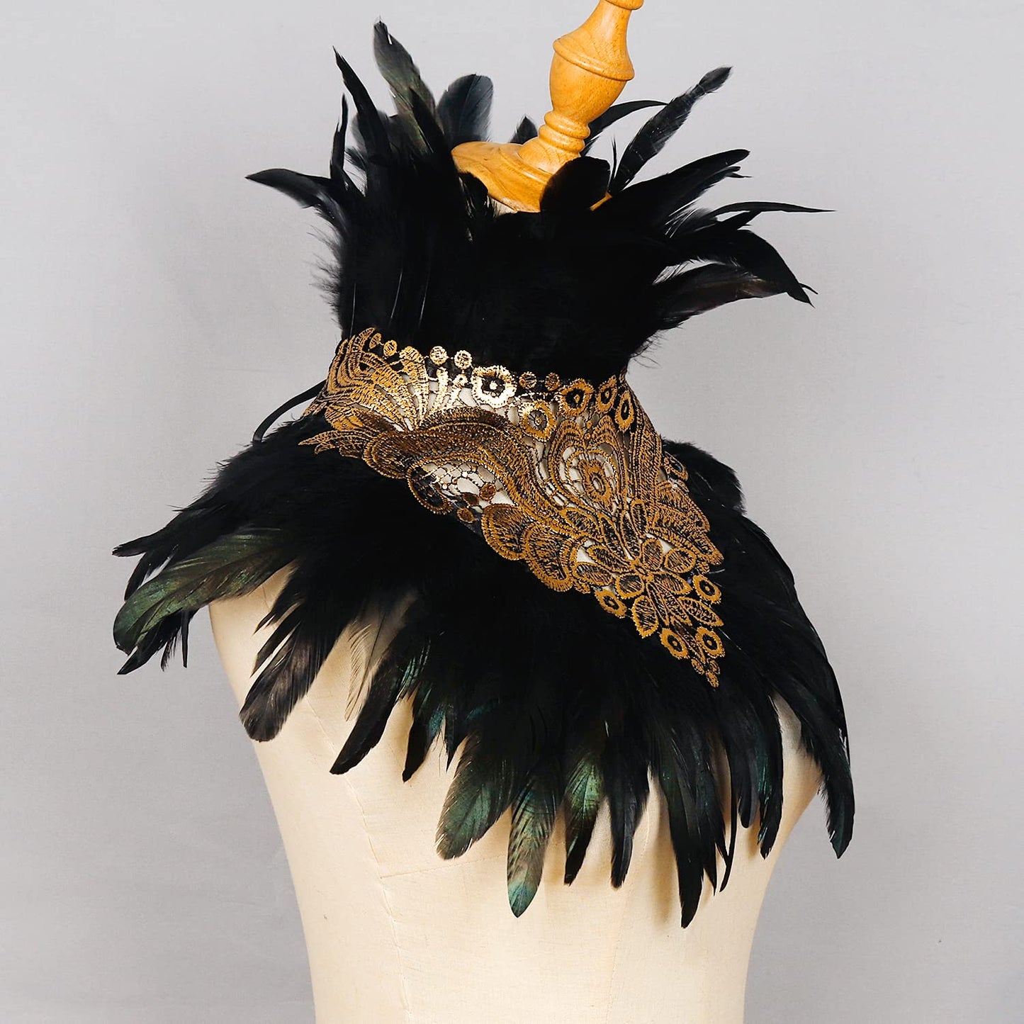 L'VOW Gothic Natural Black Feather Flower Patterned Embroidery Choker Neck warp Collar for Halloween Costume Cosplay