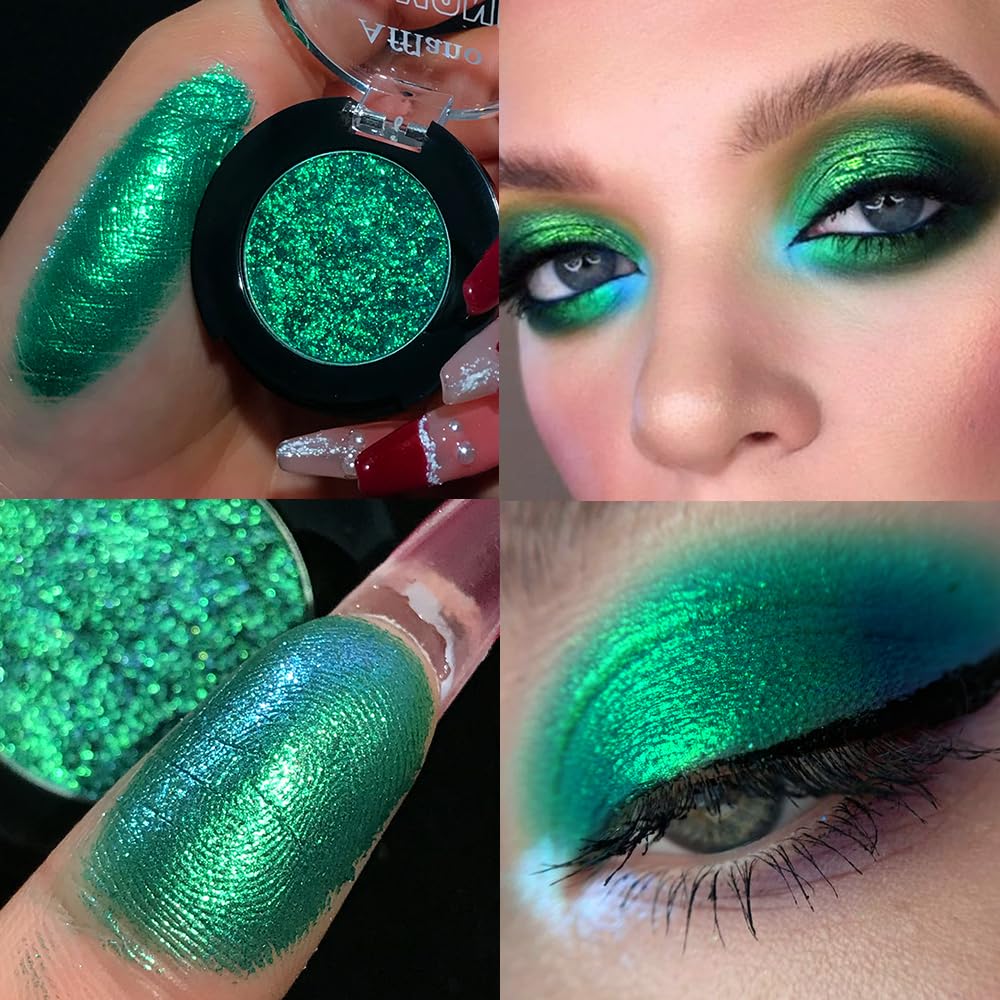 Afflano Green Glitter Eyeshadow Makeup, Chrome Emerald Green Eyeshadow palette Instant Color, Highly Pigmented, Metallic Shimmer