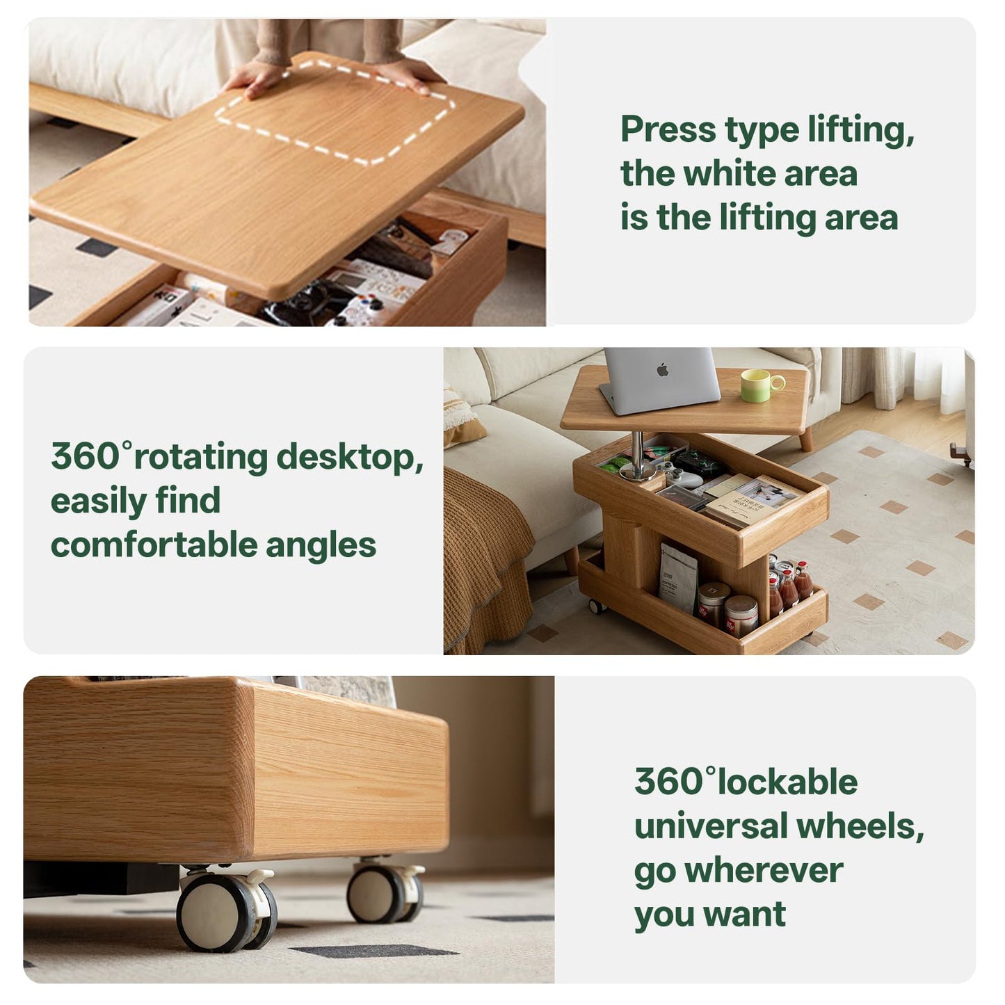 Vadisun 100% Solid Wood Lift Top Coffee Table, Small Bedside Table with Rolling Wheels, Adjustable Side Table for Dining Room, Recliner and Small Places(Natural, Fully Assembled Furniture)