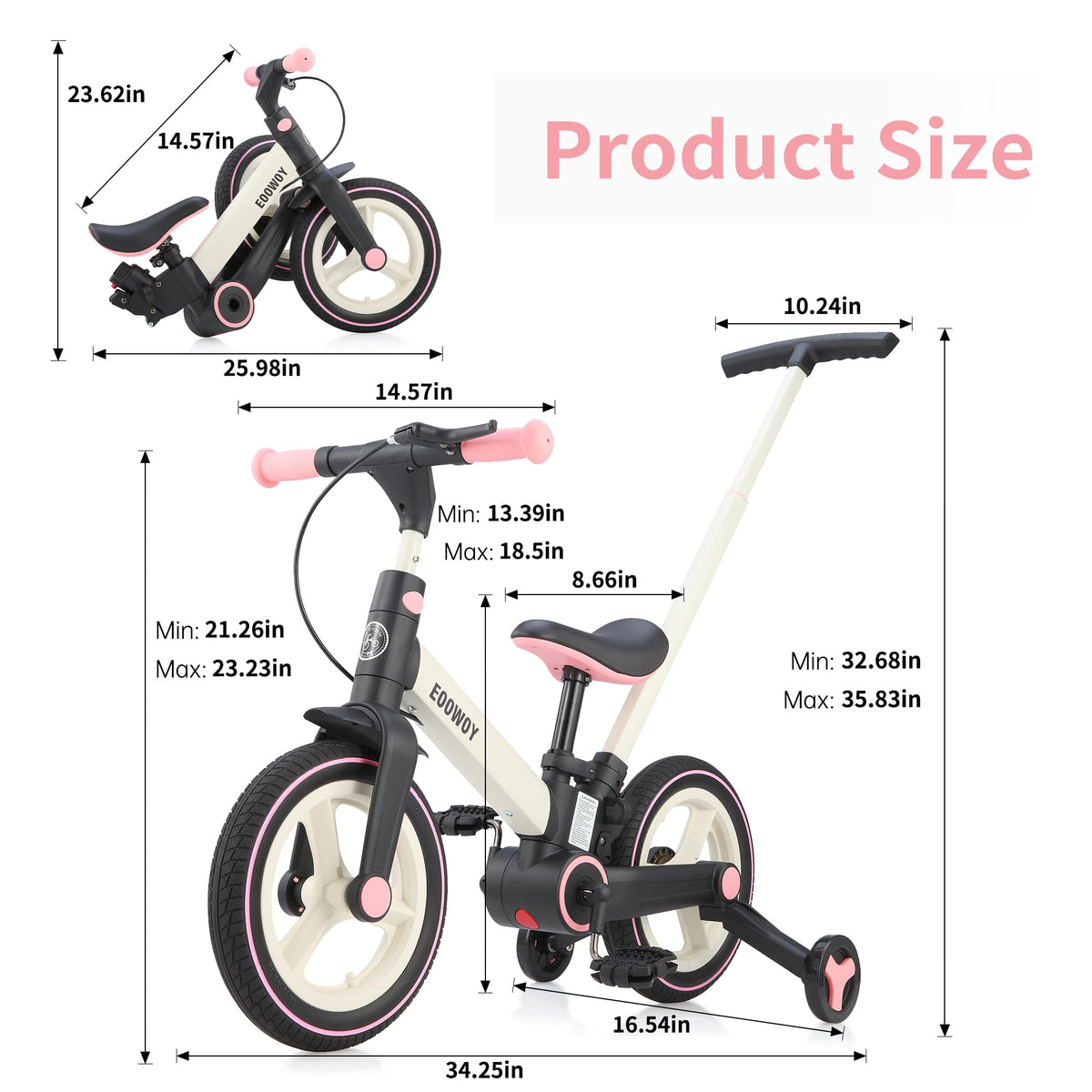 EOOWOY Balance Bike with Push Handle for Kids 18-60 Months, 6 in 1 Foldable Push Bike with Training Wheels & Pedals, Balance Bicycle for Boys and Girls with Brakes & Kickstand, Pink
