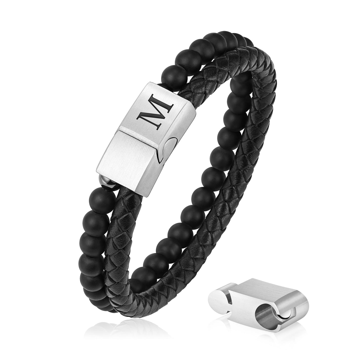 LUXEJEW Mens Bracelet - Letter M Initial Bracelet for Men Black Beaded Bracelets for Men 6mm Matte Agate Beads Stone Mens Leather Bracelets Birthday Gifts for Son Dad Husband