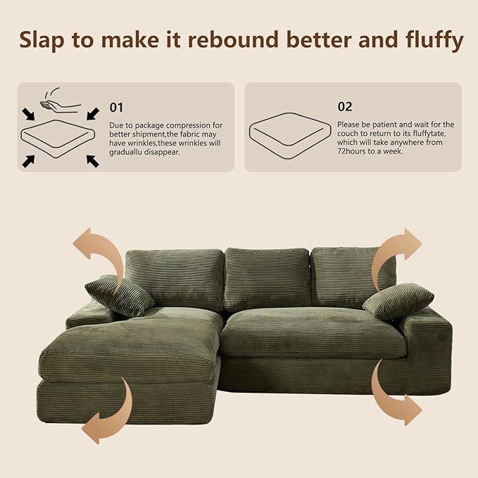 98.4" Green Sectional Sofa Cloud Modular Sectional Couch with Chaise,Corduroy Sectional Couches L-Shaped Modern Upholstered Sofa with Deep Seat for Living Room and Bedroom,No Assembly Required(Green)