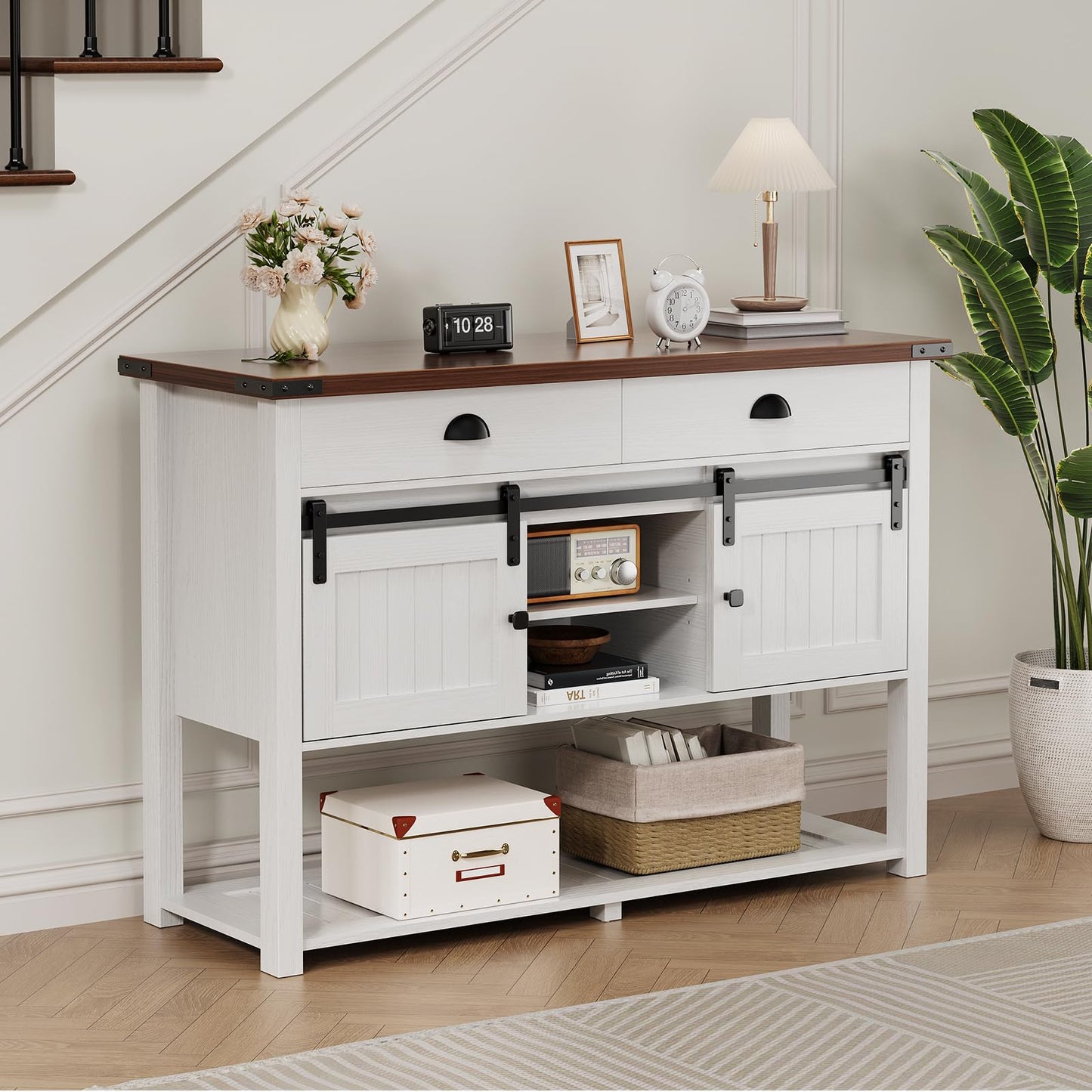 AntsandAnts Farmhouse Console Table with Sliding Barn Doors & 2 Drawers,Rustic Entryway Table for Living Room, Hallway, Foyer,Sofa Table with Adjustable Shelf & Open Storage, Industrial Design
