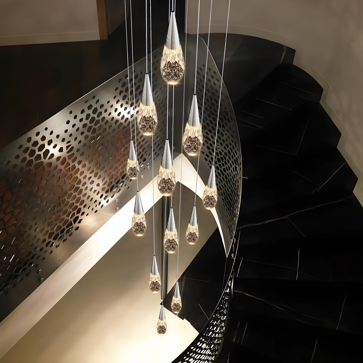 BaiZhou 12-Light Modern Crystal Chandeliers 3-Way Dimmable Long Pendant High Ceiling Bubble Raindrop Lighting Fixture for Staircase Foyer Entryway Bedroom Hallway Chrome